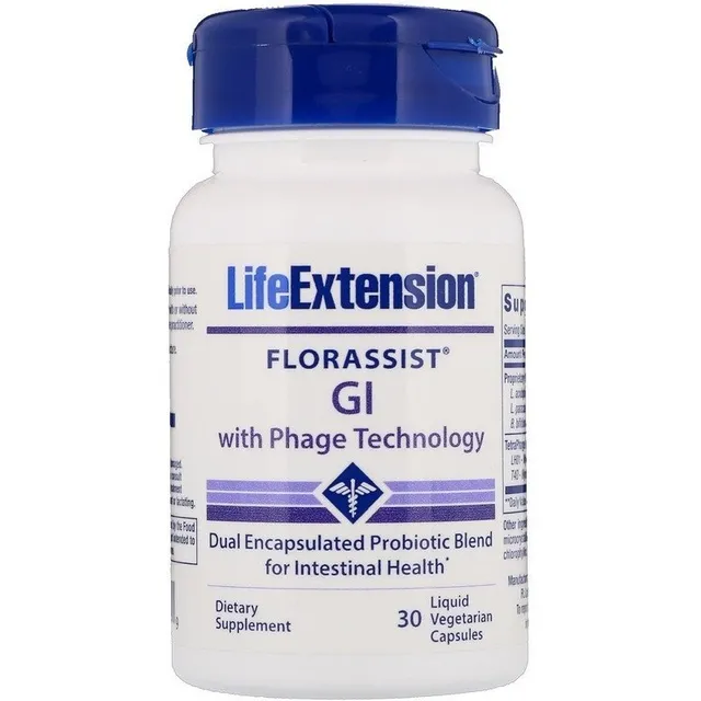 Probiótico Florassist con tecnología Gi Phage, 30 cápsulas, Life Extension, doble encapsulación, mejor que el probiótico Pb8 10