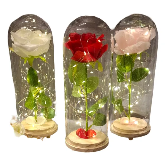 Centro De Mesa Rosa Encantada Con Luz Bella Y Bestia Mediana