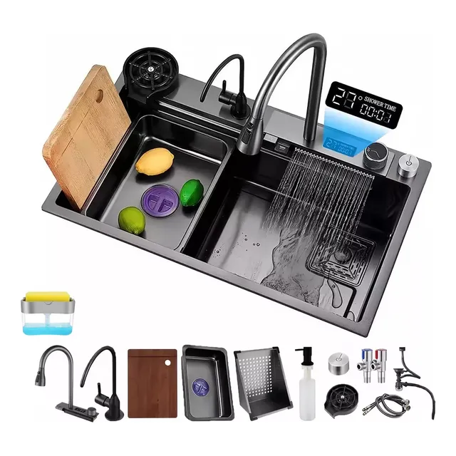 Voriva 80x45 CM Color Negro Grifo Tarja Fregadero de Cocina Acero Inoxidable 304 Antiarañazos los Colores no Destiñen Incluye 2 Dispensadores de Jabón