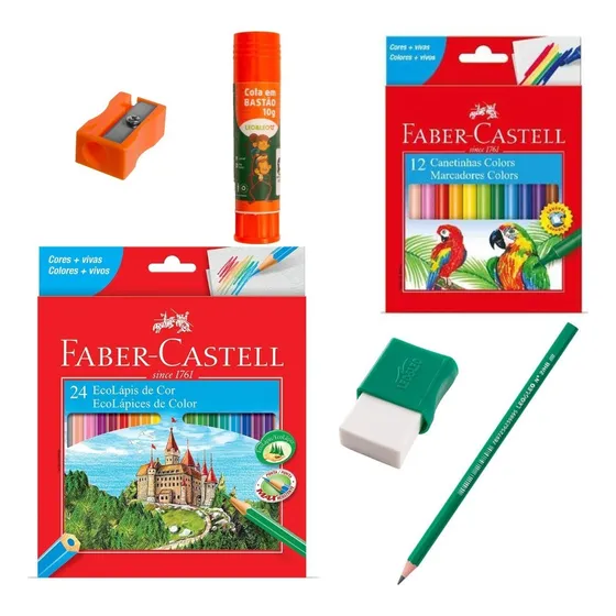 Kit Escolar Lápis De Cor 24cores+12 Canetinhas Faber Castell