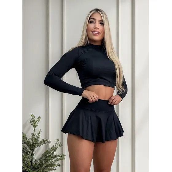 Traje De Baño Falda Short 2 Piezas Blusa Manga Larga