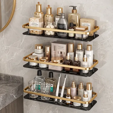 Kit 3 Suporte Porta Shampoo Prateleira Banheiro Adesivo Dourado
