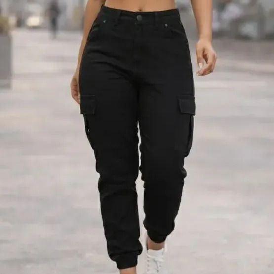 Calça Cargo Jogger Jeans Feminina Cintura Alta Com Lycra