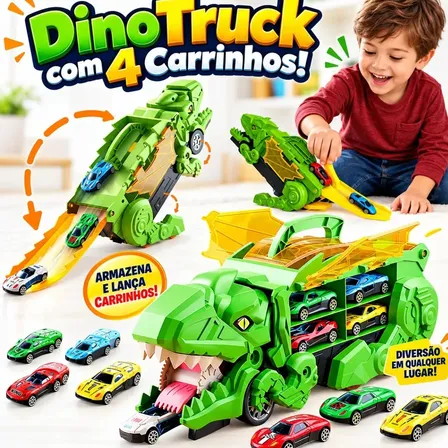 Caminhão Cegonha Dino Comporta 8 Carrinhos Maleta Pista Lançador Atacarejo Kids Dino Truck + 4 Carrinhos de Metal