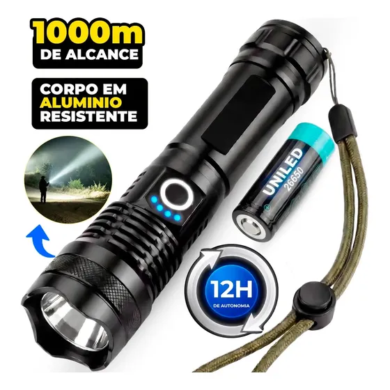 Lanterna Tática Militar T9 Mais Forte do Mundo Led Super Potente Zoom Telescópico Recarregável Aluminio Resistente Água Poeira Sitio Fazenda Uniled