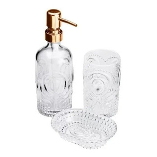 Kit Banheiro Lavabo Vidro Dispenser Porta Sabonete Escova Kit Banheiro Lavabo Vidro Dispenser Porta Sabonete Escova