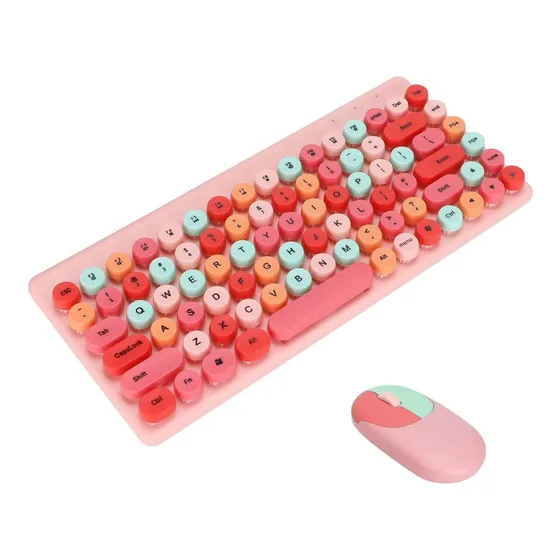 Combo Teclado Mecanico Rosa Colorido 86 Inalambrica Retro