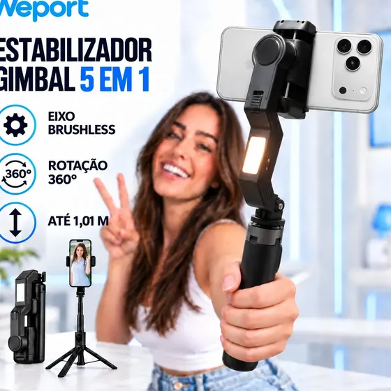 Gimbal Weport Q31 Estabilizador para Celular com Tripé, Bastão e Luz LED