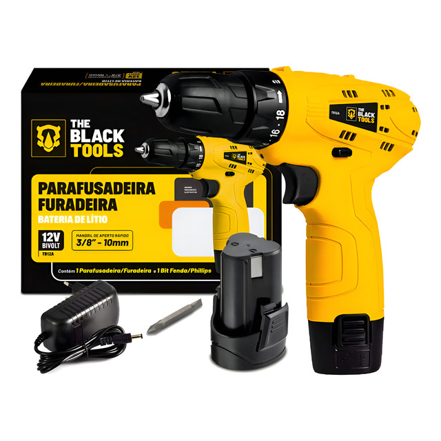 Parafusadeira Furadeira 3/8 10mm A Bateria Com Carregador The Black Tools Parafusadeira Furadeira 3/8 10mm A Bateria Com Carregador The Black Tools