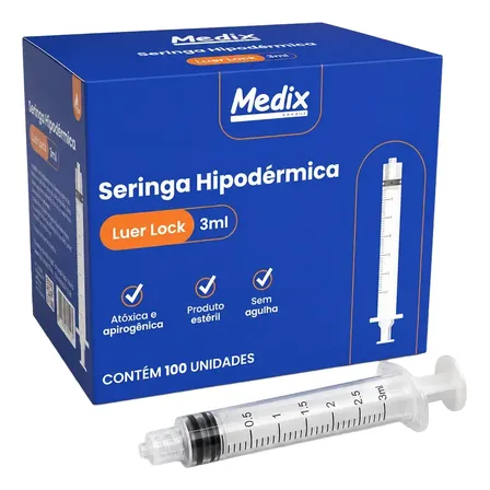 Seringa 3ml Descartável Bico Luer Lock - Cx 100un 3 Ml