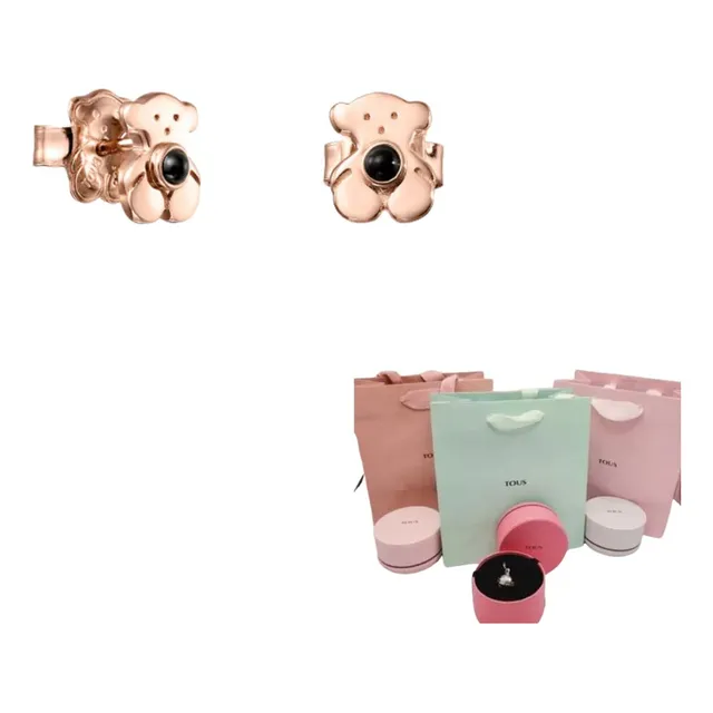 Aretes Tous Baño De Oro 18k, Plata, Onix+ Kit De Regalo