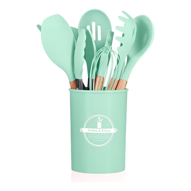 Kit 12 Utensílios De Cozinha Em Silicone E Cabo De Madeira Kit 12 Utensílios De Cozinha Em Silicone E Cabo De Madeira
