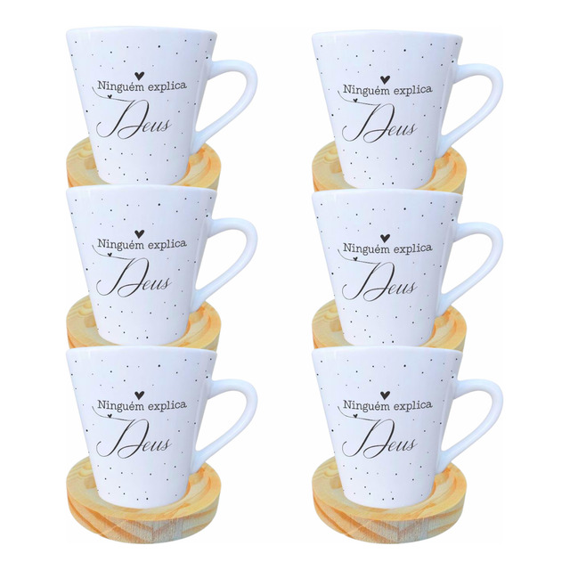 Xícaras Café Pires Madeira 6 Peças Porcelana 120ml Deus Xícaras Café Pires Madeira 6 Peças Porcelana 120ml Deus