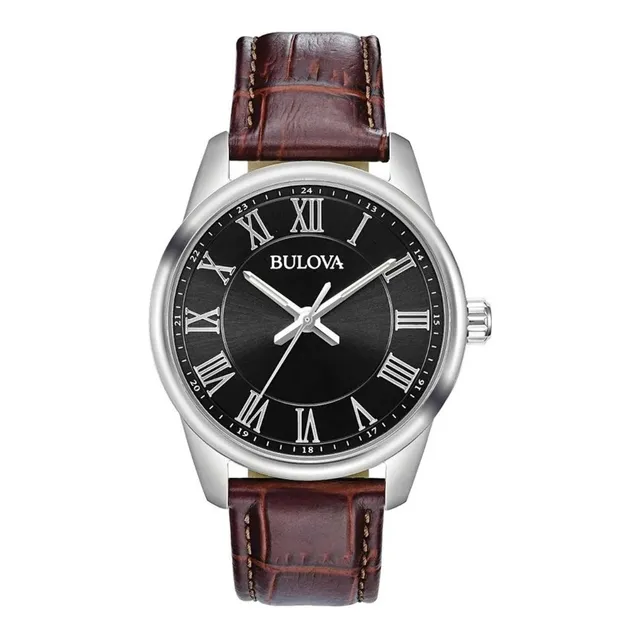Reloj Bulova 96A221 Piel Café Original Hombre Correa Marrón Bisel Plateado Fondo Negro