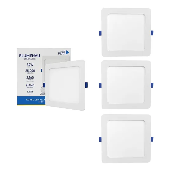 Kit 3 Painel Led Quadrado Embutir 24w 6500k Play Blumenau