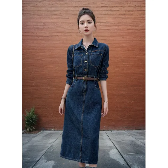 Vestido Camisero De Mezclilla Vintage A Media Pierna Para Mu