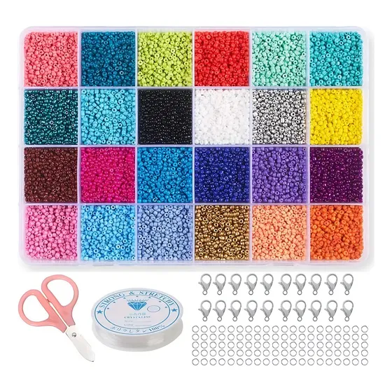 Kit De Mostacillas Cuencas Con Hilo Y Tijeras 24 Colores Para Hacer Pulseras Anillos Y Artículos De Bisutería