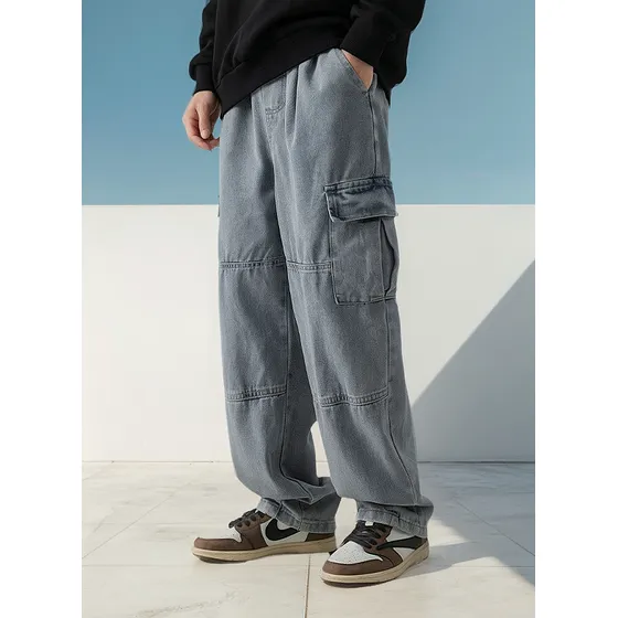 Pantalon Cargo Baggy Jean Oversize Regulable Azul Negro