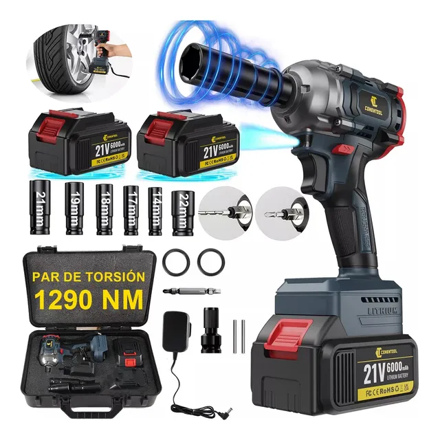 Llave De Impacto Inalámbrica Pistola Taladro Eléctrica 1/2 21v 2 Pilas Bateria Sin Cepillo Alto Torque 1290n.m Con Luces Led YOULIKE 003