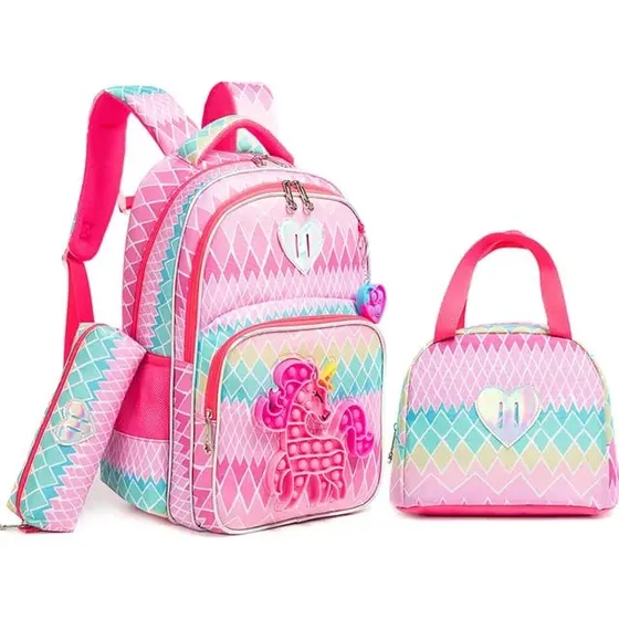 Morral Lonchera Y Cartuchera Unicornio Pop It Rosa