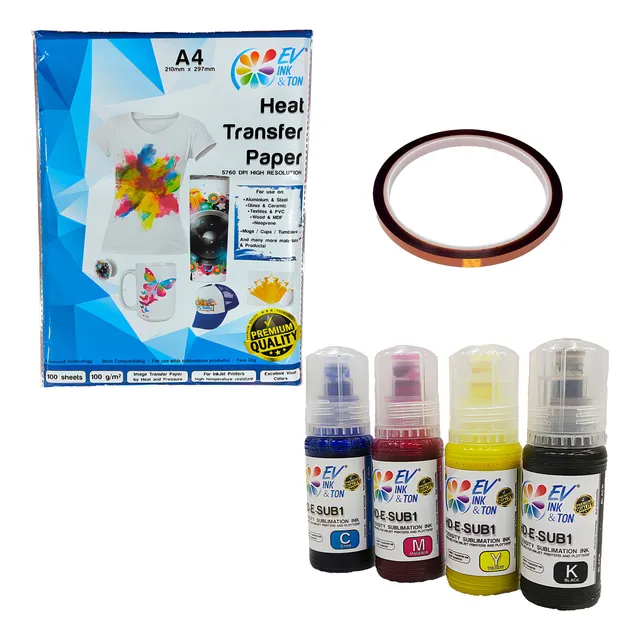 Kit 4 Tinta Sublimación 70mlc/u 100hj Papel 1 Cinta Térmica Tinta Cmyk