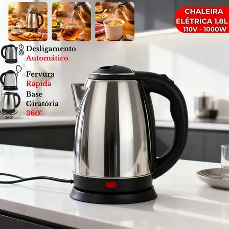 Chaleira Elétrica Inox 1.8l Com Tampa Jarra Bule Café Chá Desligamento Automático Ferve Água Rápido