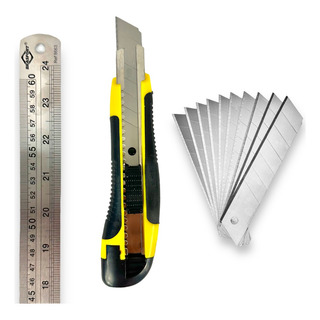 Kit Régua Aço Inox 60cm Estilete Profissional C/ 12 Lâminas Kit Régua Aço Inox 60cm Estilete Profissional C/ 12 Lâminas