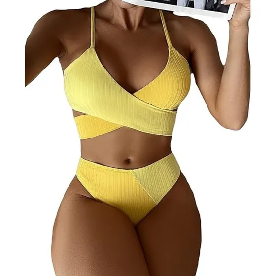 Bikini Bicolor Tela Textura Tiras Cruzadas Y Panty Con Ruche