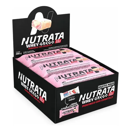 Barra Whey Grego 40g Display com 12 unidades Morango com Chantilly Nutrata