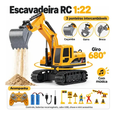 MoveBrinca Escavadeira RC 1:20 11 Canais Com Braço Hidráulico, Trator De Construção Com Pá Em Liga, Gira 680° E 360°, Luzes E Sons Reais, Controle Remoto 2.4GHz, Com 2 Bateria Y 3 Cabeças de reposição