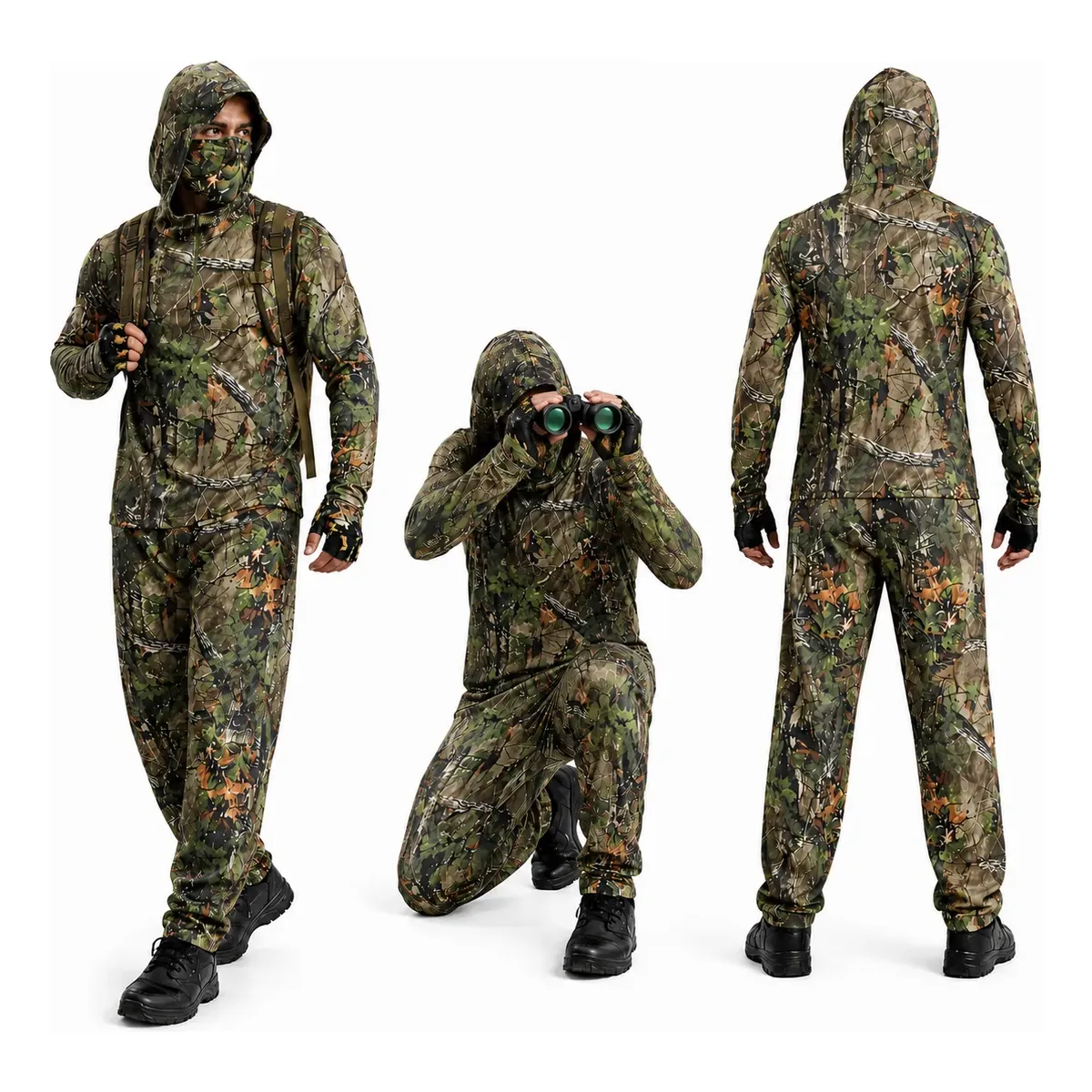 Roupa Camuflada Completa (calça + Camisa Com Capuz +bandana)