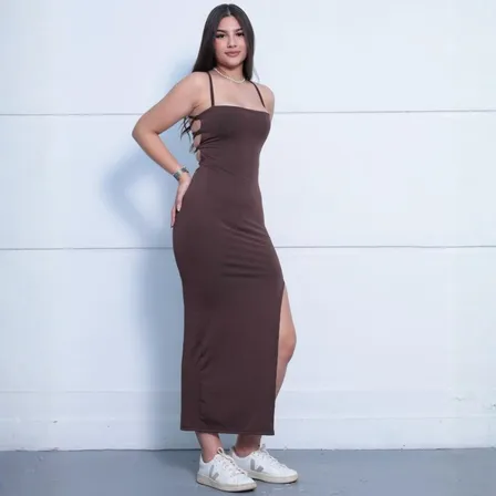 Vestido Feminino Longo Costas Trançadas Fenda Lateral Colado