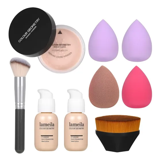Kit De Maquillaje: Base Líquida, Brochas, Polvos Y Esponjas