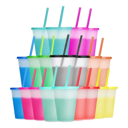 Vasos Mágicos De Plástico De 500ml Con Tapa Y Popote, 20pza
