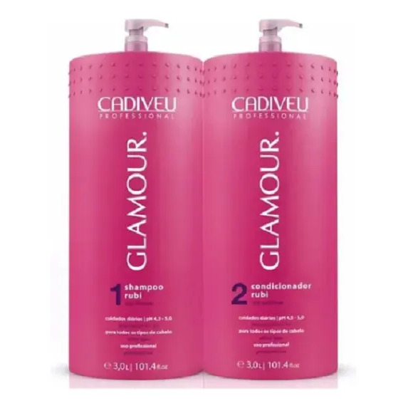 Dois galões de 3 litros de shampoo e condicionador Cadiveu Glamour Rubi, embalagens cor de rosa com válvula pump