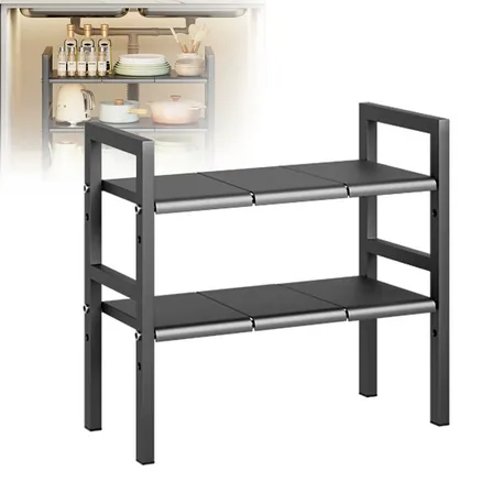 Prateleira Organizador Pia Bancada Armário Cozinha 2 Divisória Retrátil Para Tampa Panela Utensílios De Cozinha Itens De Higiene Adequado Para Casas De Banho E Sanitários Armazenamento Preto