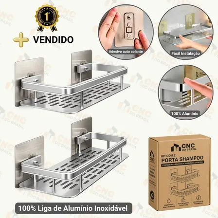 Kit 2 Suporte Porta Shampoo Alumínio Sabonete Banheiro Adesivo Parede Sem Furos Box Luxo Cor Prata Cnc Do Brasil Prateado