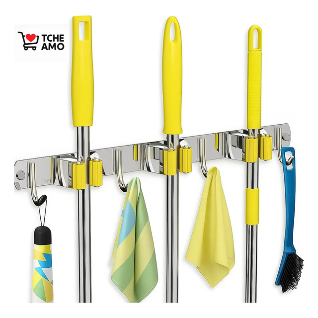 Suporte De Vassouras Em Aço Inoxidável Tche Amo, Com 7 Formas De Pendurar 3 Presilhas Para Rodos E Vassouras E 4 Ganchos Vassoureiro Compacto Design Moderno Prateado