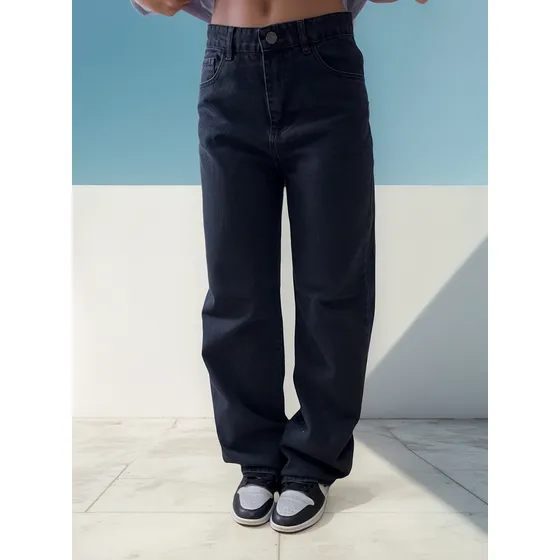 Jeans Mujer Mom Clasico Recto Rigido Negro Gastado T/ Alto.
