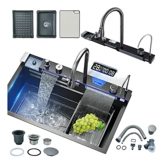 Fregadero Tarja De Cocina Organizador De Bacha De Acero Inoxidable Saeuwtowy M-8sc-qhgq4tz 75x46cm Color Negro