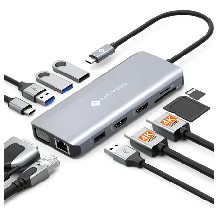 NOVOO Hub USB-C 11 em 1 Docking Station Duplo HDMI 4K VGA Tela Tripla Ethernet PD 100W Para MacBook Notebook