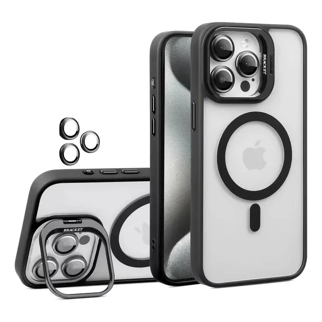 Funda Magnética Stand Para Iphone Serie 16 + Vidrio Y Lente. Negro Iphone 16 Pro Max