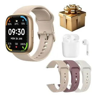 Smartwatch Compatível iPhone 10 A 16, Samsung E Xiaomi | Com Gps | Conecta Alexa | Relógio Wearzone Pulse | Pulseira Bege + 3 Pulseiras | Fone De Ouvido(brinde) Dourado Lisa