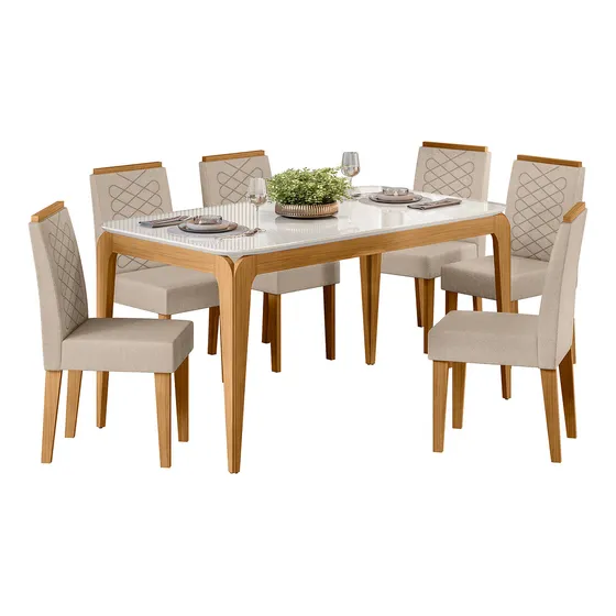 Conjunto Mesa Jantar Retangular Aurea Tampo Vidro 6 Cadeiras