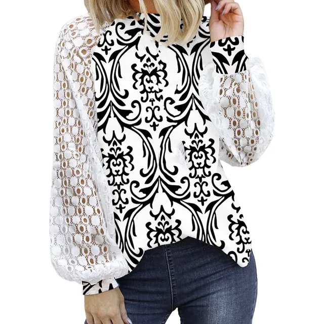Camiseta Manga Larga Cuello V Encaje Ganchillo Para Mujer
