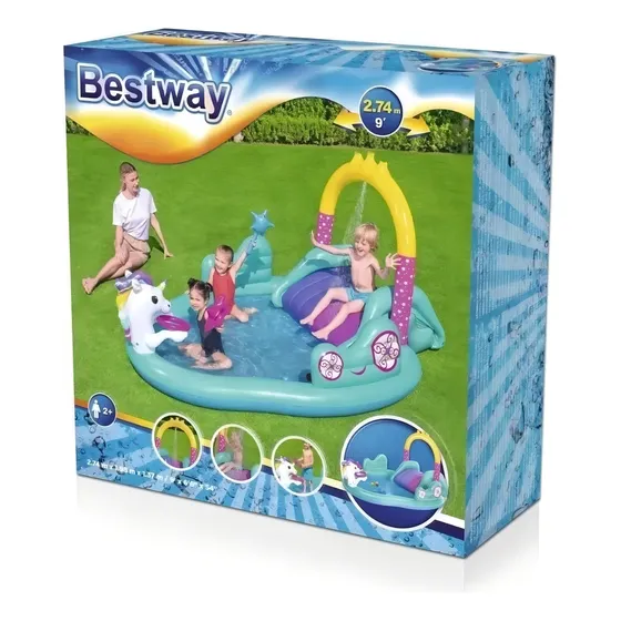 Pileta Inflable Unicornios Tobogan Bestway 53097 220 Lt Color Celeste