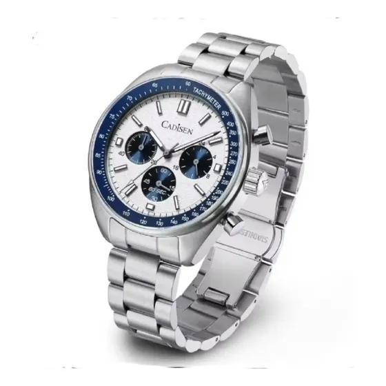 Relógio Cadisen Cronógrafo Safira Branco Japão Vd53 Prateado Azul Branco