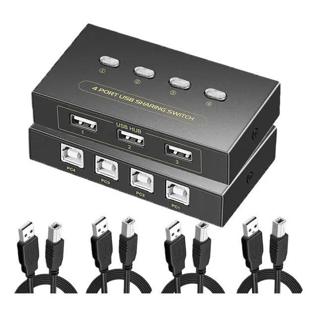 Conmutador Usb Kvm Switch Impresora 4 Entrada Y 3 Salida Multi-Dispositivo Compartido Interfaz USB Botón Conmutador Cable de Conexión para Conmutador Compartido de Interfaz USB.