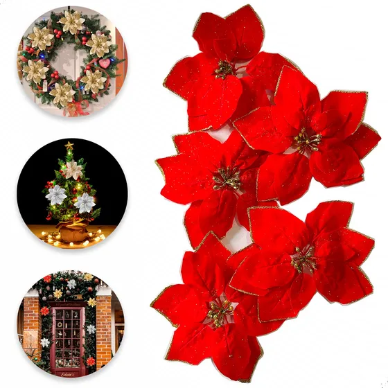 Kit 5 Flores Natal Arvore Flor Artificial Decoração Enfeite