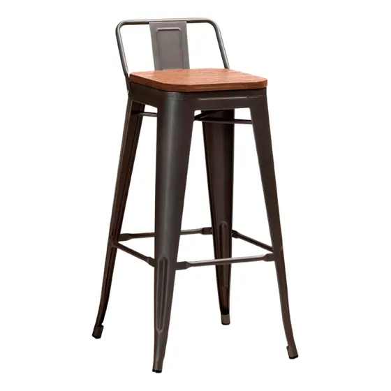 Taburete Negro Tolix Vintage Respaldo En Metal Asiento De Madera